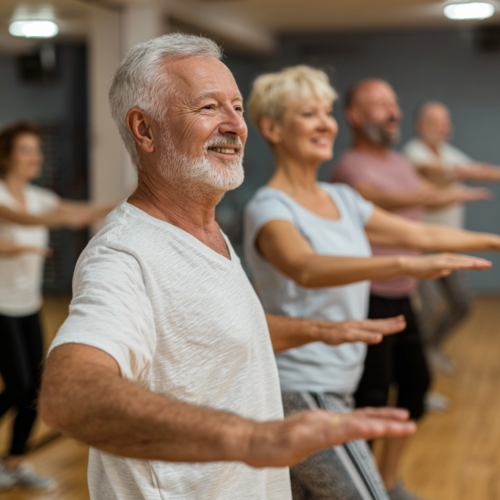Group of middle-aged adults participating in gentle fitness class